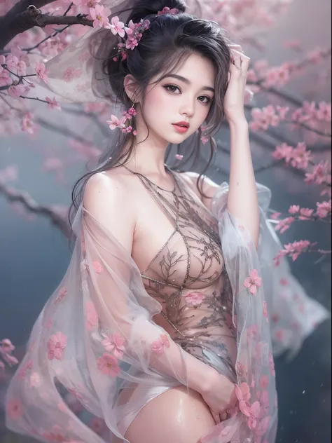 loose outfit、Show shoulders、Navel Ejection、How to wear a gown with a dark see-through halter neck broken、Decorated with intricate patterns and pastel colors、Transparent material that makes the skin shine、Artistic depiction of seductive woman in gown with w...