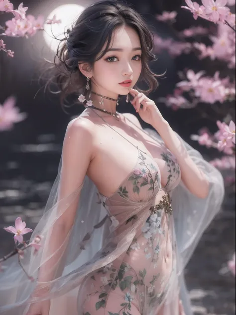 loose outfit、Show shoulders、Navel Ejection、How to wear a gown with a dark see-through halter neck broken、Decorated with intricate patterns and pastel colors、Transparent material that makes the skin shine、Artistic depiction of seductive woman in gown with w...