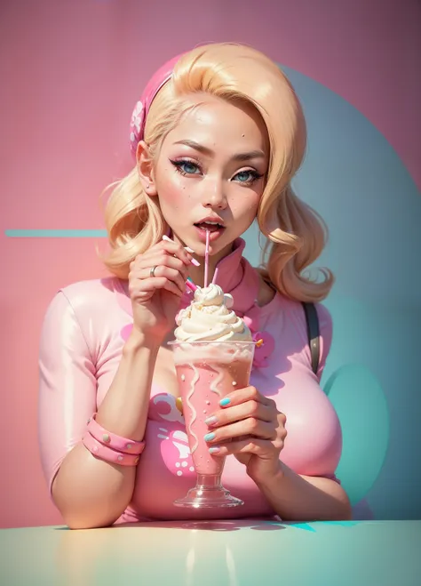 two straws, Photograph of a beautiful sexy and pink blonde hair Asian in colourful outfit, holding a BIG Milkshake in her hand,. Hyper realistic Face. (((In a sixties American pop art, dining setting))). Soft cartoon style. Wide Angle shot.