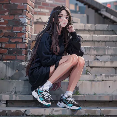 19-year-old girl，wearing a black dress，athletic sneakers，Loose hair，Face details