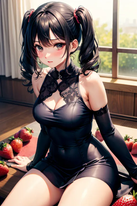 Mini dress with strawberry pattern on dark blue、Physical education sitting、Open thighs、lively、Clothes with body lines、Sheer feeling、Black hair twintails、Obsessive face、Blushing face