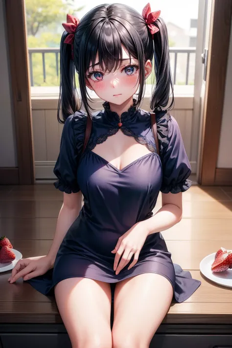 Mini dress with strawberry pattern on dark blue、Physical education sitting、Open thighs、lively、Clothes with body lines、Sheer feeling、Black hair twintails、Obsessive face、Blushing face