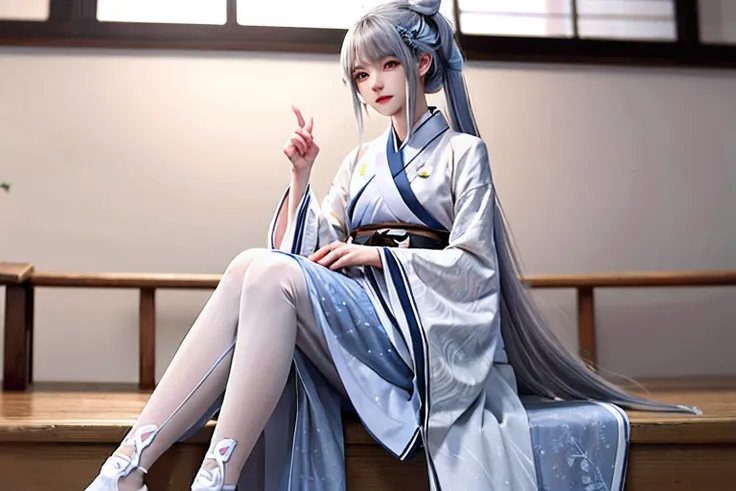 gray-haired girl，Hanfu，longer sleeves，High-quality illustrations，Long ponytail，white stockings，