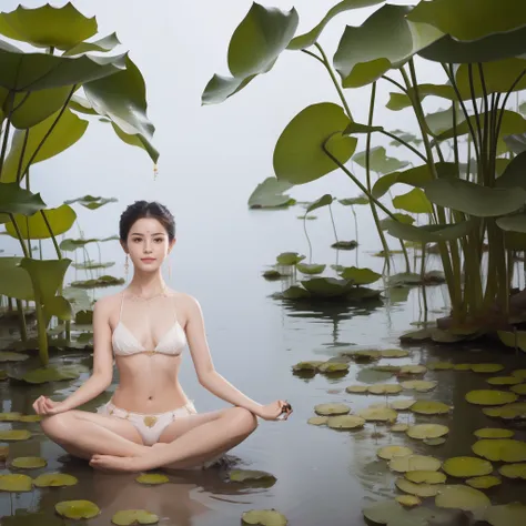 Several naked beauties sit on lotus flowers to meditate，（Yoga lotus sitting），（Perfect，Delicate and good-looking face），（The whole body is drenched in ）