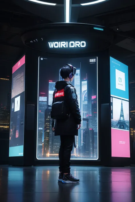 Mobile phone, it adopts a new folding screen technology， Surrounded by a colorful high-tech cityscape，A huge 3D holographic screen displays information and interactive interfaces， ao mesmo tempo，Virtual reality glasses enhance the users visual experience，I...