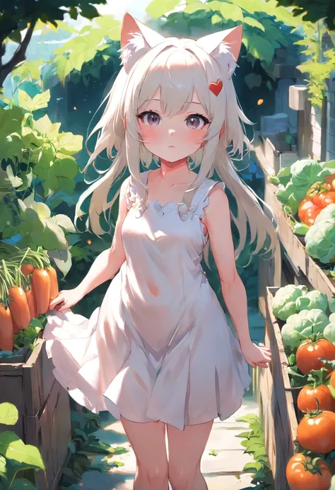 Sleeveless、Vegetable garden where anime cat-eared girl in white dress stands, Lori in a vegetable dress, small curvy loli, artwork in the style of guweiz, guweiz on pixiv artstation, guweiz on artstation pixiv, guweiz, small loli girl, soft anime illustrat...