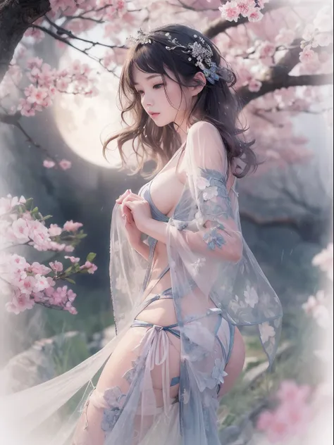 loose outfit、Show shoulders、Navel Ejection、How to wear a gown with a dark see-through halter neck broken、Decorated with intricate patterns and pastel colors、Transparent material that makes the skin shine、Artistic depiction of seductive woman in gown with w...