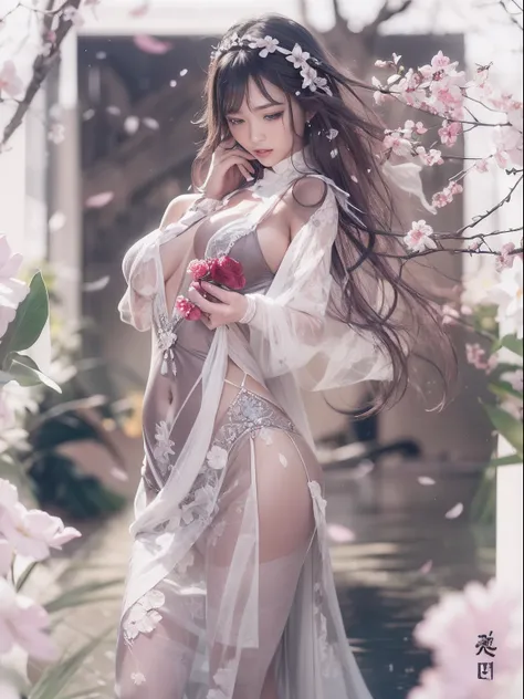 loose outfit、Show shoulders、Navel Ejection、How to wear a gown with a dark see-through halter neck broken、Decorated with intricate patterns and pastel colors、Transparent material that makes the skin shine、Artistic depiction of seductive woman in gown with w...