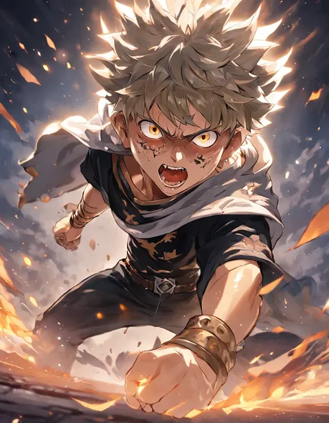 "Hyper-realistic portrait of Asta from Black Clover with intricate details and lifelike rendering, showcasing his fierce determination and strong character. Vibrant colors, dynamic composition, and exceptional attention to lighting and shadows. Asta is por...