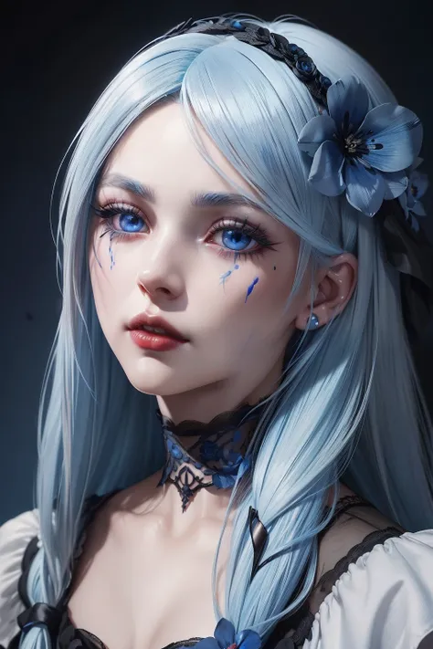 (((Bloodbourne aesthetic))) Portrait ((bust to the face, half body)) of anime beauty blonde girl, photorealistic ((long realistic blue hair, black flower hair clip)), perfect face, realistic skin ((((high detailed skin)))), red lips, in realist white and b...