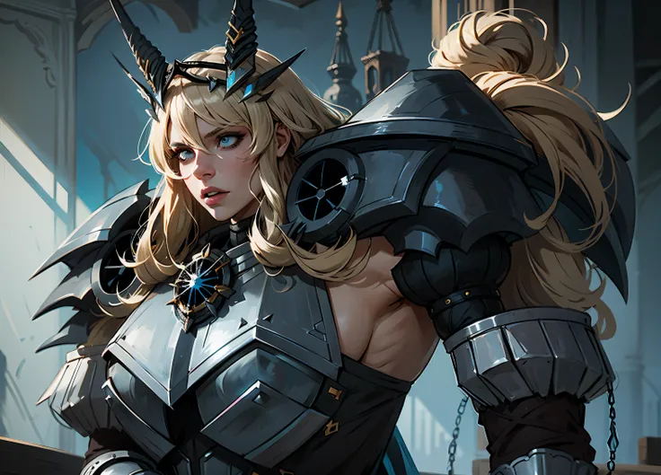 Fairy Gawain Knight (destin), BarghestStage3, 1fille, cheveux blonds, heterochromia, chain, yeux rouges, cheveux longs, Pauldrons, gros seins, shoulder armor, Yeux verts, Cornes, armure, seulement, Regarder le spectateur, black sclera, frange, clivage, mai...