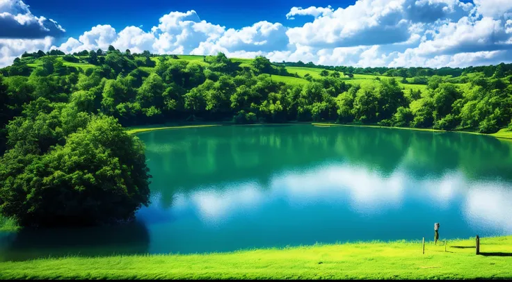 scenecy， exteriors， Skysky， Clouds， daysies， No Man， mont， in a panoramic view， Eau， The tree， blue-sky， naturey， Lake， flod， mostly cloudy sky，（blue-sky，Green trees，Green meadows，Lake surface）