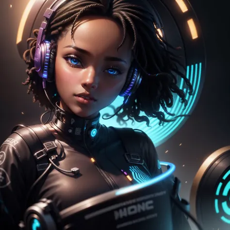 A beautiful black girl with headphones on with a colorful background, listening to music,  with iridescent light, highly detailed images, vibrant beautiful colours, photorealistic image, 8k, ultra HD, unreal engine rendered, cinematic lighting, artgerm sty...