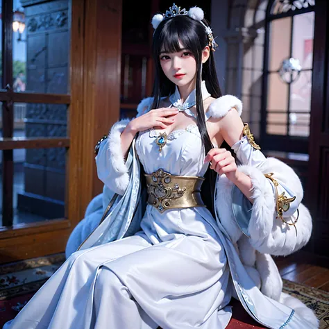 Araki woman in white dress sitting on the red carpet, Palace ， A girl in Hanfu, a beautiful fantasy empress, full-body xianxia, White Hanfu, Anime girl cosplay, elegant glamourous cosplay, Anime cosplay, ((a beautiful fantasy empress)), trending on cgstati...