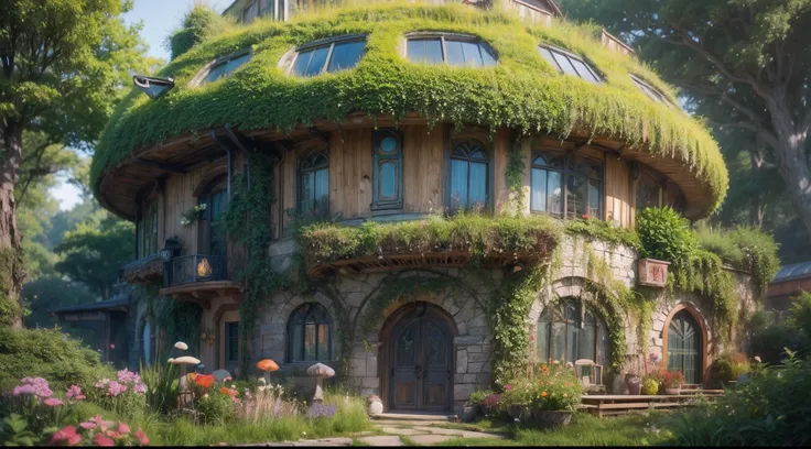 There are rooftop greening and green roof houses, blue open sky、kosmos、planetes、fantasy house, realistic fantasy render, Fantasy architecture, in the art style of Filip Hodas, House in the shape of a mushroom, Fantasy Planet, fantasy matte painting，Cute, O...