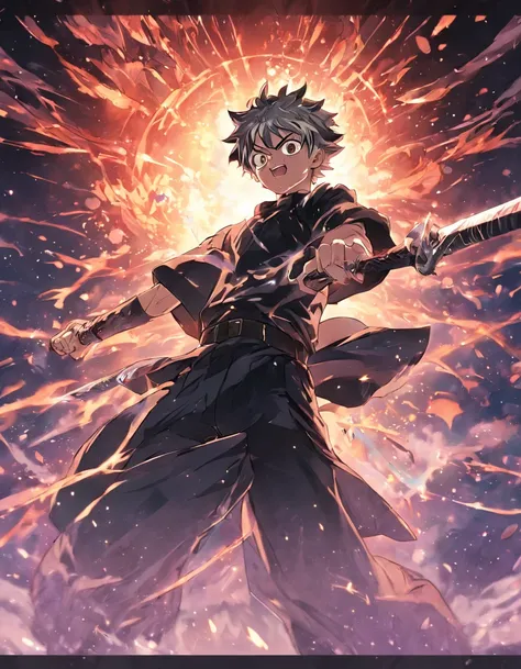 Asta from Black Clover, fierce and determined, wielding his anti-magic swords, surrounded by a powerful aura of black mana, in an intense battle against a formidable enemy.