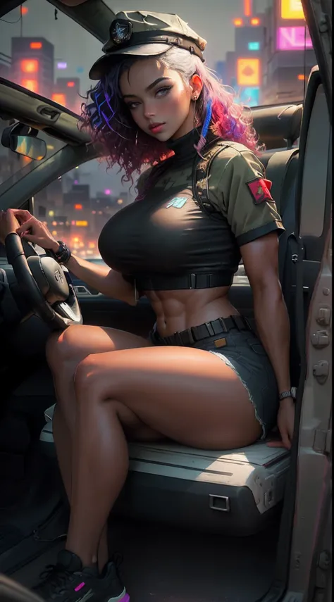 Beautiful woman 1female with curly hair style in a army cap, Short army clothes in the style of cyberpunk army, Tanned:2 Skin, It looks contrasting, good anatomy, Muscles are drawn, sitting in miltray car,The dawn sky is overcast, in the background ((dawnt...