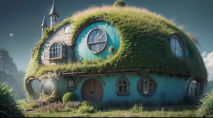 A dreamy house in the middle of a fresh green meadow、blue open sky、middle of SPACE、planetes、There are rooftop greening and green roof houses, fantasy house, realistic fantasy render, Fantasy architecture, in the art style of Filip Hodas, House with a round...