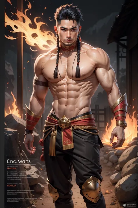 Asian Male Warrior Tribe God of Fire, Folha de design de personagem, refer ence sheet, diferentes poses, corpo muscular, cabelos longos brancos, different angles, plano de fundo simples, plano de fundo de uma cor, canelos brancos