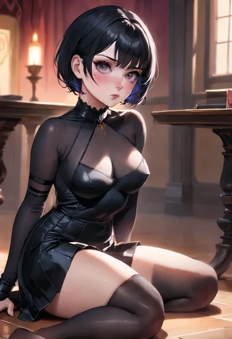 A portrait of an alluring goth girl with short black hair, a small bust, and a curvy figure posing with her finger gently pressed against her lips as she gazes downward. She sits on the floor, her legs partially crossed wearing a short, black pleated skirt...