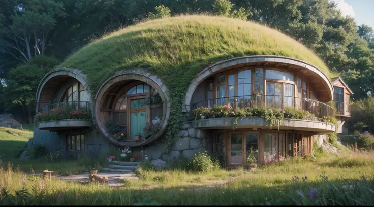 A dreamy house in the middle of a fresh green meadow、blue open sky、middle of SPACE、planetes、There are green roofs and green roof houses, Near the future、fantasy house, realistic fantasy render, Fantasy architecture, in the art style of Filip Hodas, Round s...