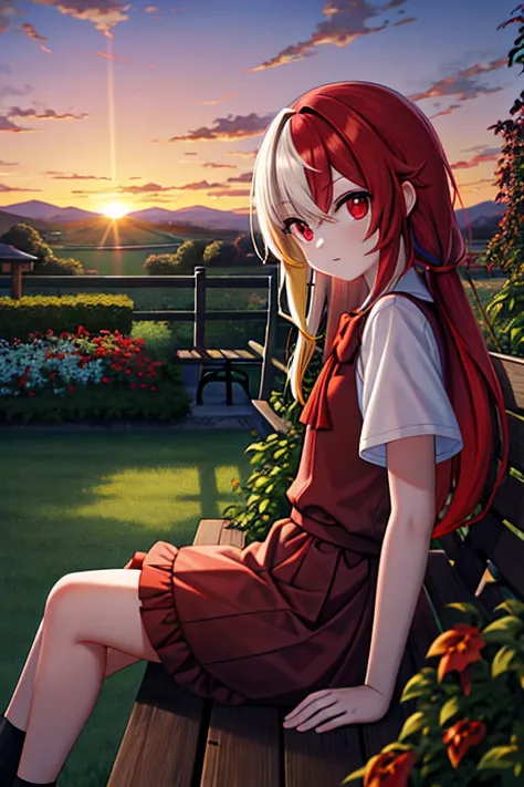 masterpiece, best quality,1girll,multicolored hair,arm at side,red eyes,outdoors,bench,bushes,vine yards,sunset,view the viewer