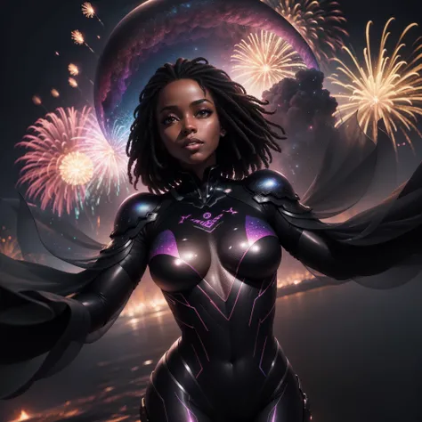 A transparent black nubian woman floating in the sky surrounded by fireworks reflecting on her body, dark clouds moving around her, with iridescent light, highly detailed images, vibrant beautiful colours, photorealistic image, 8k, ultra HD, unreal engine ...