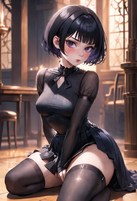 A portrait of an alluring goth girl with short black hair, a small bust, and a curvy figure posing with her finger gently pressed against her lips as she gazes downward. She sits on the floor, her legs partially crossed wearing a short, black pleated skirt...