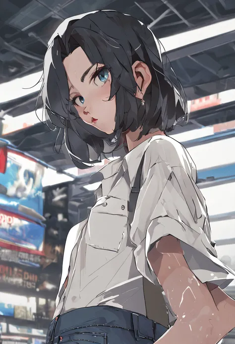 1girl, short black hair, blue eyes, wearing plain white shirt, denim shorts, city, absurdres, high res, ultrasharp, 8K, masterpiece, looking at viewer