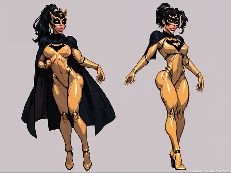 ((masterpiece)),(((best quality))),((character design sheet)), ((full body view)) illustration,1girl, muscular, ((blue and gold bodysuit:1.6)), (masked over eyes:1.6) (broke and black color palette:1.3) superhero, (black ponytail:1.4), (puffy lips:1.6) (bl...