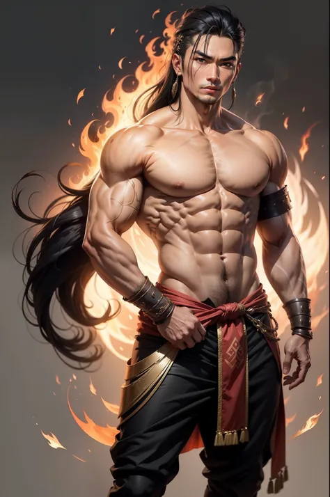 Asian Male Warrior Tribe God of Fire, folha de design de personagem, refer ence sheet, Diferentes poses, corpo muscular, cabelos longos brancos, different angles, plano de fundo simples, plano de fundo de uma cor, cabelo brancos