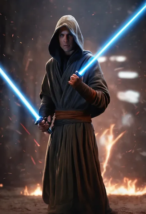 A young male human Jedi in fighting stance, one hand extended forward gripping an ignited blue lightsaber, the other hand extended back, wearing brown hooded robes and black boots. Detailed facial features, focused expression. Rendered in realistic CGI sty...