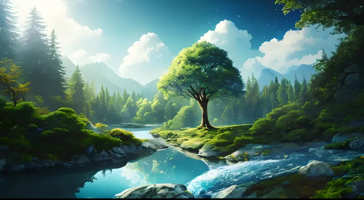 Illustration of a hyperrealistic , otherworldly, ultrasky scene featuring a giant crystal tree full body,very detailed and magical lighting, intricate forest details, vegetation and river around, solarpunk ,landscape, giant tree, beatifull leafy with beaut...