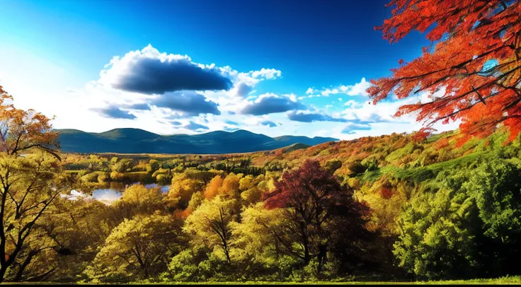 scenecy， exteriors， Skysky， Clouds， daysies， No Man， mont， in a panoramic view， Eau， The tree， blue-sky， naturey， Lake， flod， mostly cloudy sky，（autumnal，maple leaves，Lake surface）