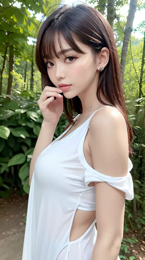 1womanl, up of face, mideum breasts, light brown hair, Blunt bangs, hair behind ear, hair over shoulder, Long hair, slender body shape, Ultra Fine Face, Thin face, Delicate lips, Beautiful eyes, thin blush, eyes are light brown, perfect glossy skin, flawle...