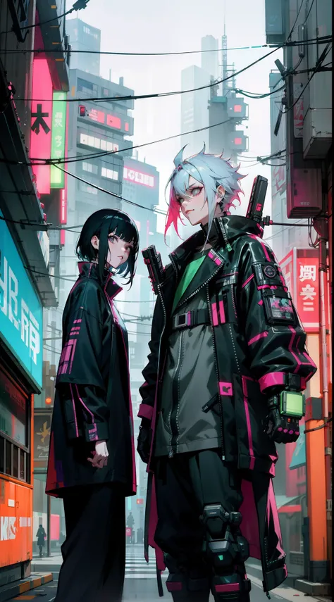 anime characters in futuristic costumes standing in a city street, Anime cyberpunk moderno, anime cyberpunk, Digital cyberpunk anime art, Cyberpunk costumes, anime cyberpunk art, has cyberpunk style, digitl cyberpunk - anime art, cyber punk style, riot in ...