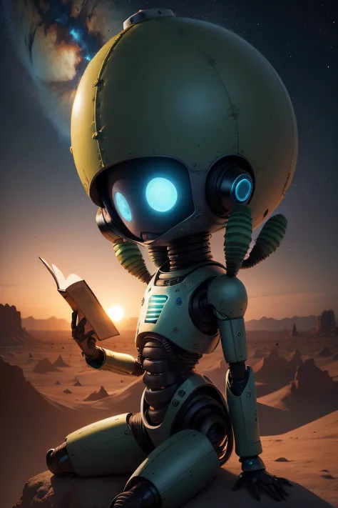 humanoide robot, nave espacial, deserto, cactus, durante a noite, luar, nuvens, brazi, muitas luzes coloridas, alien with a bible in hand