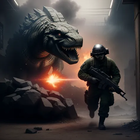 godzilla and soldier in a dark room with smoke and smoke, wojtek fus, trex from godzilla (2014), realistic apocalyptic war scene, photorealistic dark concept art, cinematic photograph concept art, ( apocalyptic ) 8 k, fps game concept art, trex, liam neeso...