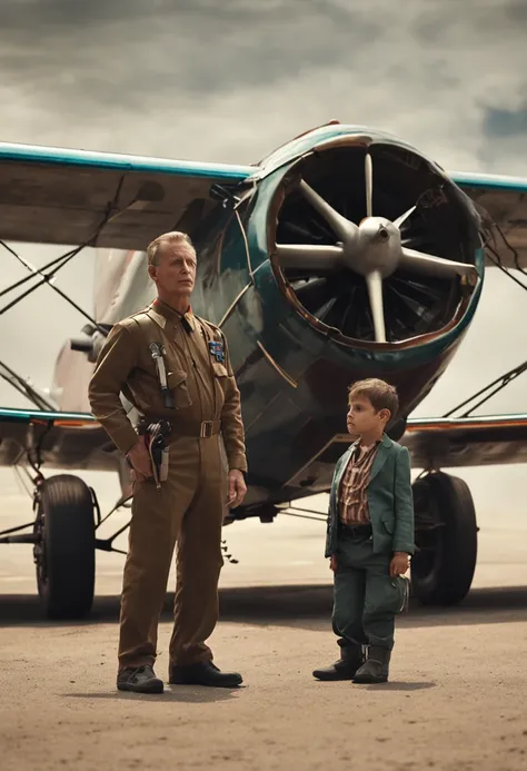 medic, advogado, priest and boy near a twin-engine plane with the pilot standing waiting