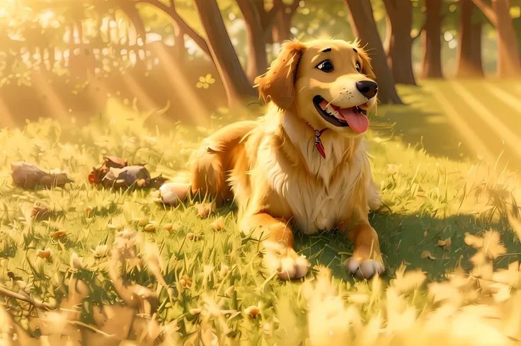 There is a dog that is lying on the grass with its tongue out, bathed in golden light, Golden retriever, Luz dorada suave, Luz dorada del sol, Luz dorada, Perro feliz,