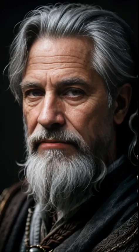 A portrait of a wizard, bearded, wrinkled, weathered, with piercing eyes, detailed face, high details, photography, dark studio, rim light, Nikon D850, 50mm, f/1.4