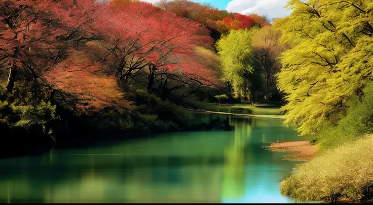 scenecy， exteriors， Skysky， Clouds， daysies， No Man， mont， in a panoramic view， Eau， The tree， blue-sky， naturey， Lake， flod， mostly cloudy sky，（autumnal，maple leaves，Lake surface）