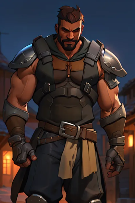 gabrielreyes, 1man, masterpiece, best quality, dusk, medieval village background, very muscular male, aged down, 36 years old, light iron armor, sleeveless, arms showing, depth of field, cowboy shot