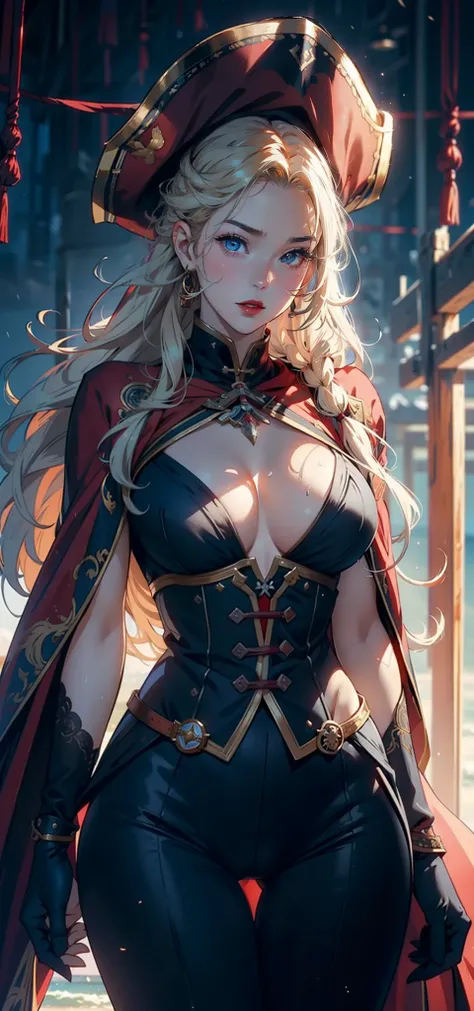 1womanl，33yo，熟妇，Bigchest，Raised sexy，Pornographic exposure， 独奏，Beauty contests，standing on your feet（Background with：the sea，snow mountains，warships，at winter season，Blizzarding，Big snowflakes）On warships， She has long blonde hair，Long hair flutters in the...