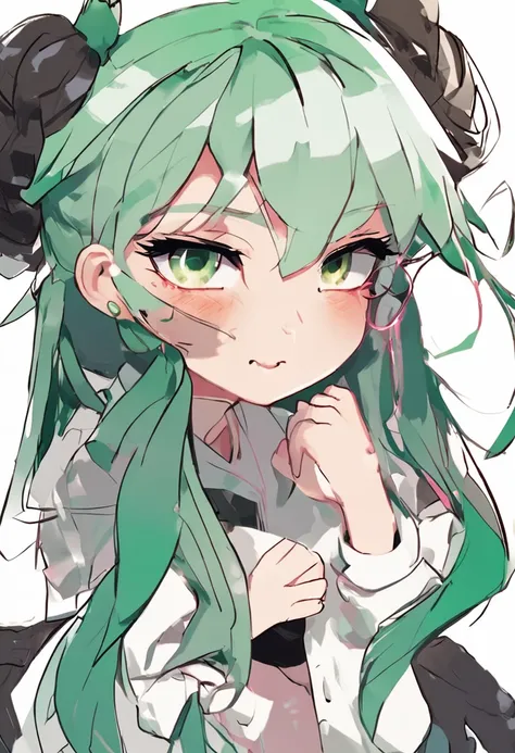 1girl in, The upper part of the body, , Big perfect eyes like diamonds, Cute, Character Design,animesque、Working on a laptop、Hairstyle is ponytail、Wearing glasses、Plain white background、green colored hair、Hair up to the shorter