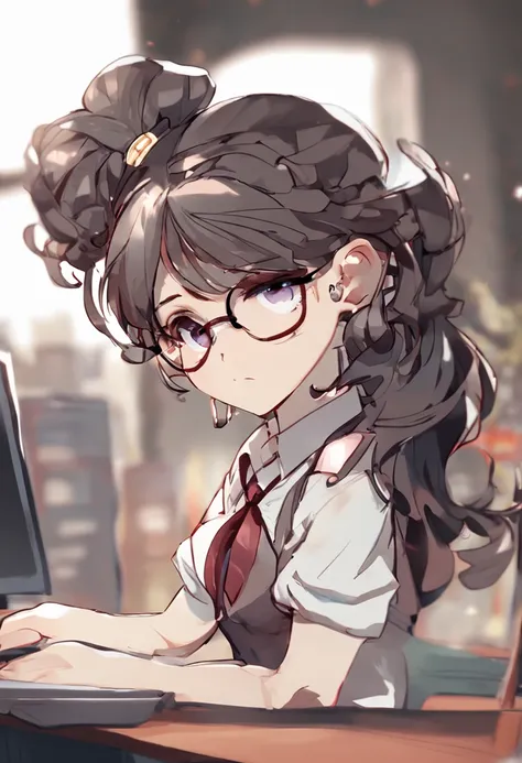 1girl in, The upper part of the body, , Big perfect eyes like diamonds, Cute, Character Design,animesque、Working on a laptop、Hairstyle is ponytail、Wearing glasses、Plain white background