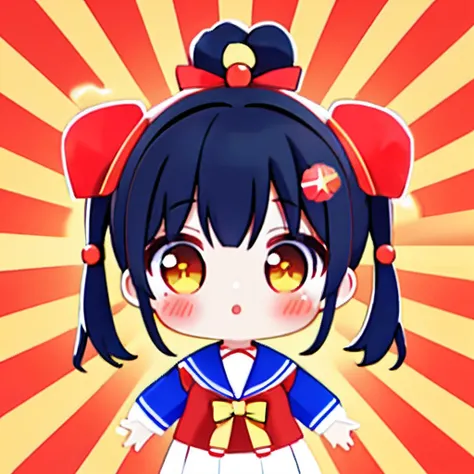 Chibi、1 girl in、Twintails with black hair、Red and blue sailor suit、Closeup of starburst on red and yellow striped background, Reddish yellow, Bright yellow and red sun,