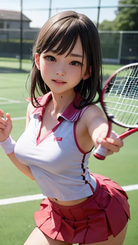 (​masterpiece),(Wearing tennis wear)、Girls playing,cute  face、serious facial expression、Breast size:1.1,Below is(a miniskirt),dynamicposes