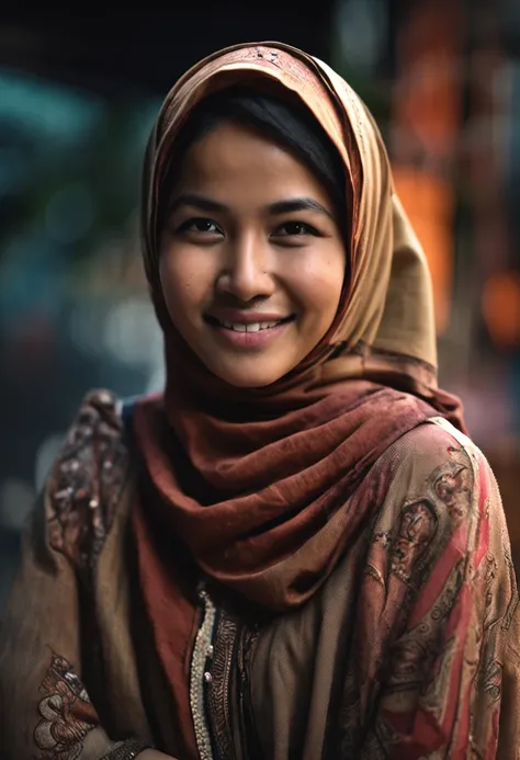 beautiful malay girl with hijab, (kampung girl outfit), (medium shot portrait:1.3), dramatic light , Rembrandt lighting scheme, (hyperrealism:1.2), (8K UHD:1.2), (photorealistic:1.2), shot with Canon EOS 5D Mark IV, detailed face, detailed skin texture, sh...