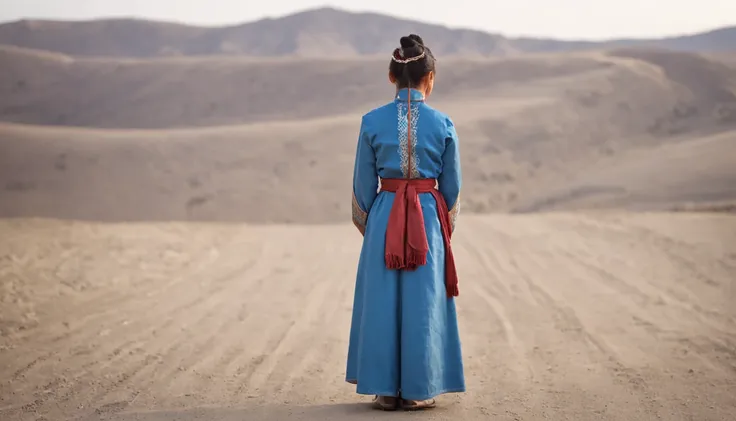 woman、Back Shadow、sideface、Blue Mongolian costume、Faraway view